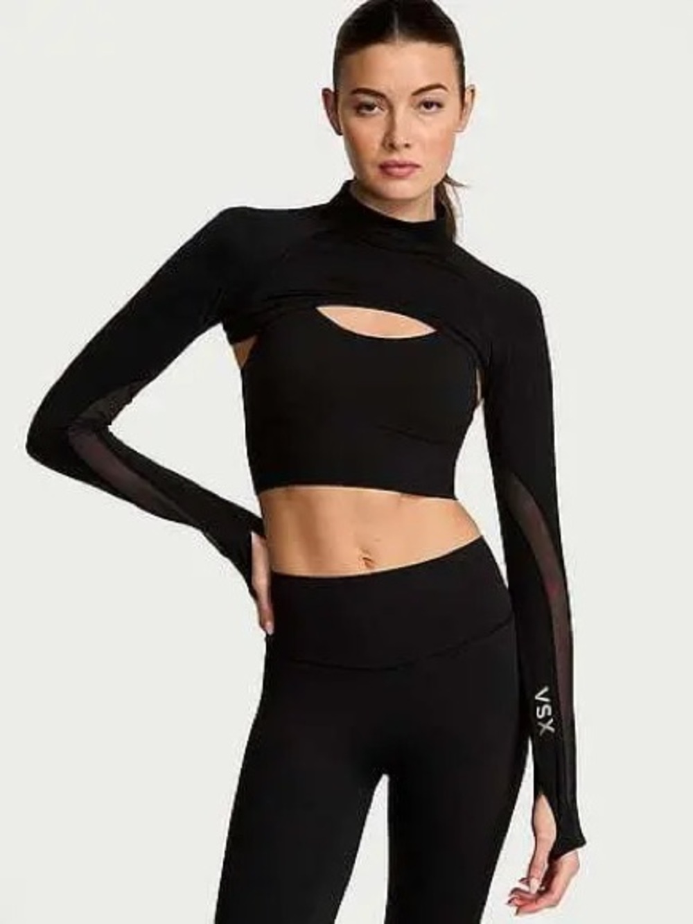 Victoria's Secret Black Long-Sleeve Cutout Crop Top with Mesh Sleeves